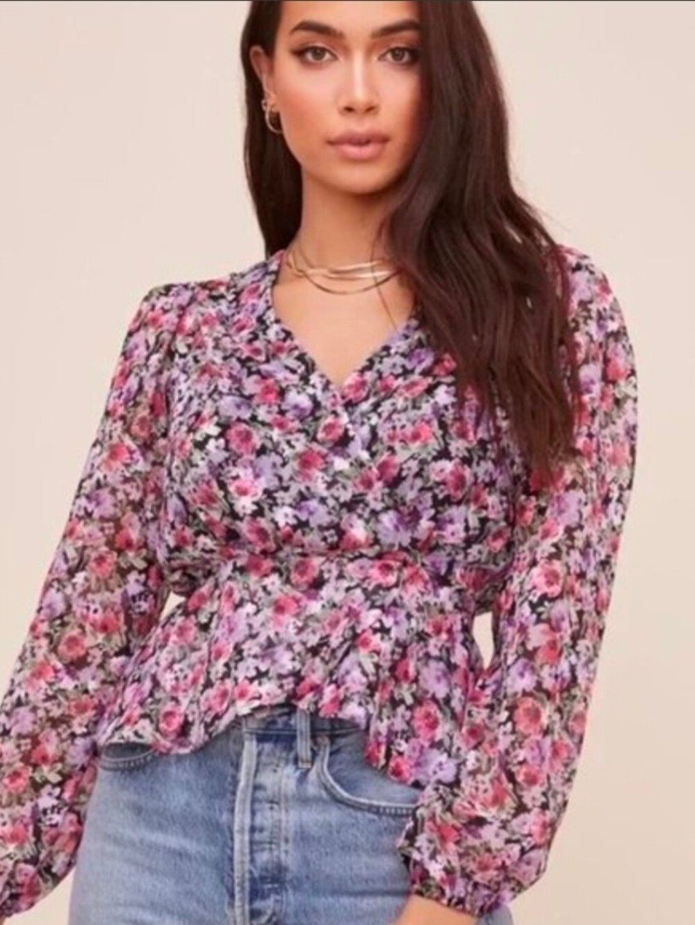 ASTR The Label Floral V-Neck Peplum Blouse - Pink & Lavender Size XS